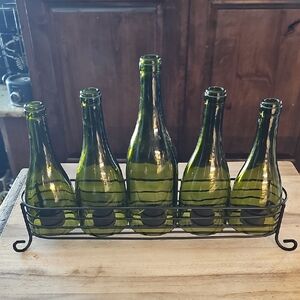 Green Glass Bottle Set with Metal Holder